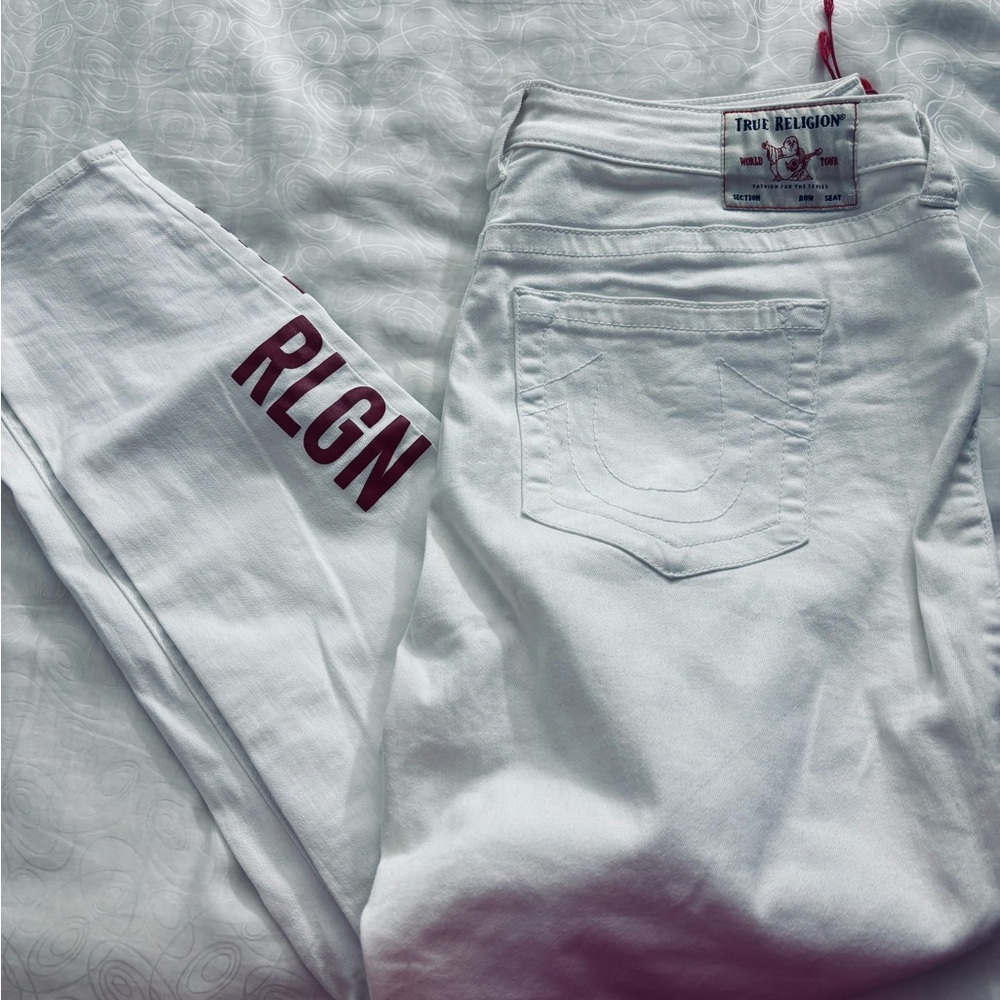 True Religion White Denim with Bold Lettering